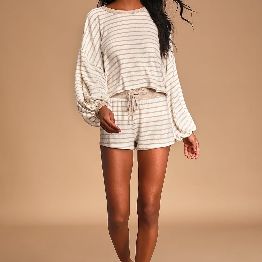 White and beige striped soft lounge top